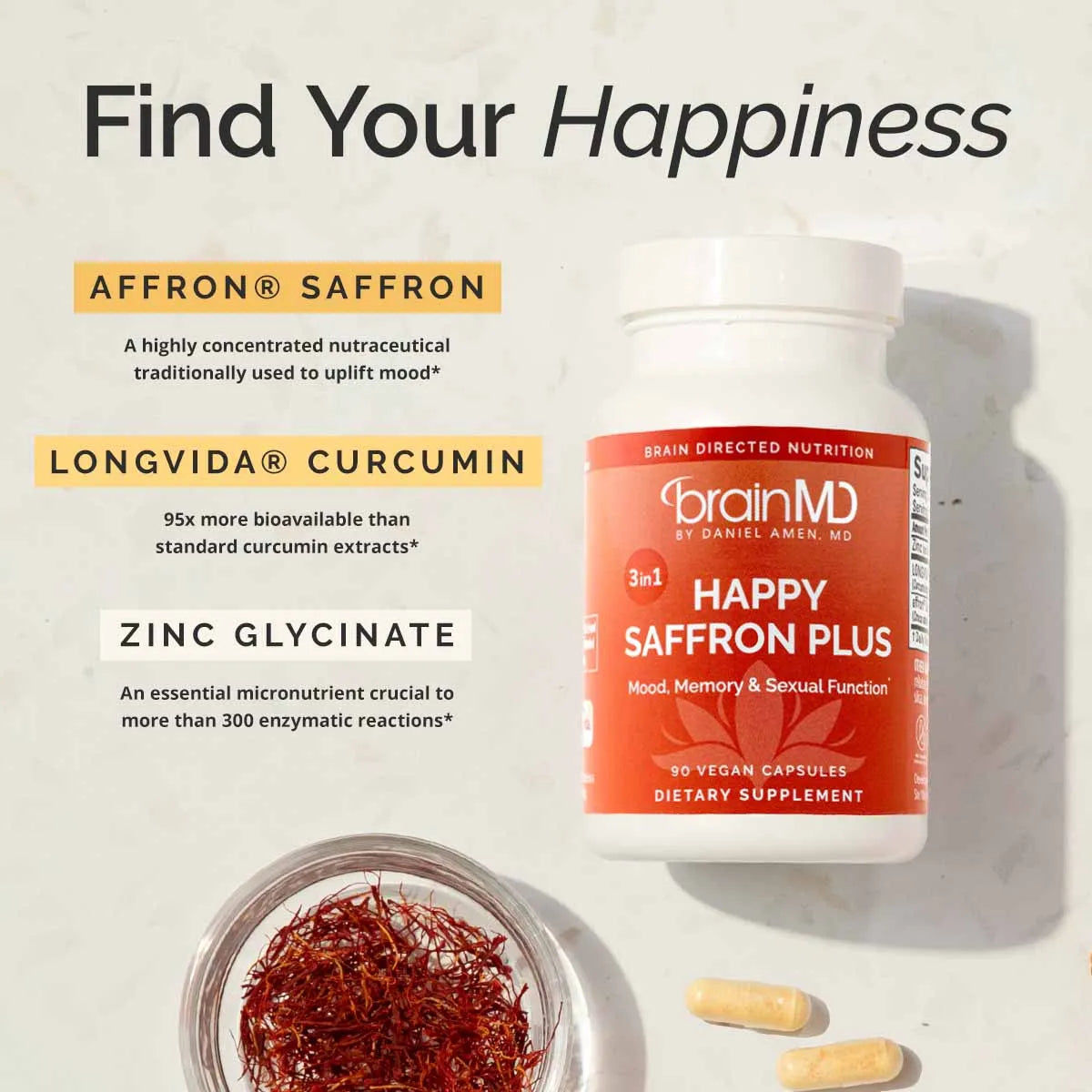 BrainMD Happy Saffron Plus - 90 Capsules